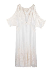 Organic Beige O-Neck Embroideried Floral Lace Tassel Silk Long Dress Long Sleeve