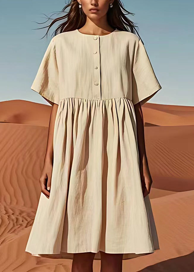 Organic Beige O Neck Wrinkled Patchwork Cotton Dress Summer