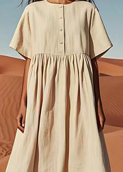 Organic Beige O Neck Wrinkled Patchwork Cotton Dress Summer