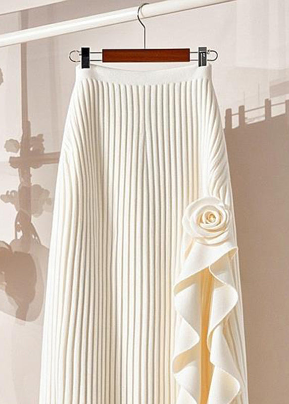 Organic Beige Striped Patchwork Floral Knit Maxi Skirt Spring