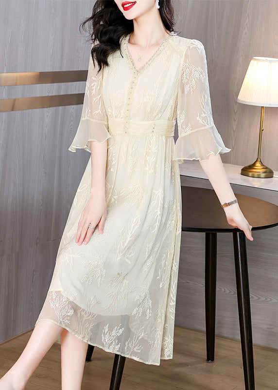 Organic Beige V Neck Embroidered Silk Long Dress Butterfly Sleeve