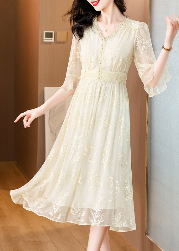 Organic Beige V Neck Embroidered Silk Long Dress Butterfly Sleeve