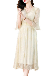 Organic Beige V Neck Embroidered Silk Long Dress Butterfly Sleeve