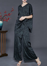 Organic Black Asymmetrical Jacquard Silk Two Pieces Set Summer