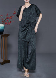 Organic Black Asymmetrical Jacquard Silk Two Pieces Set Summer