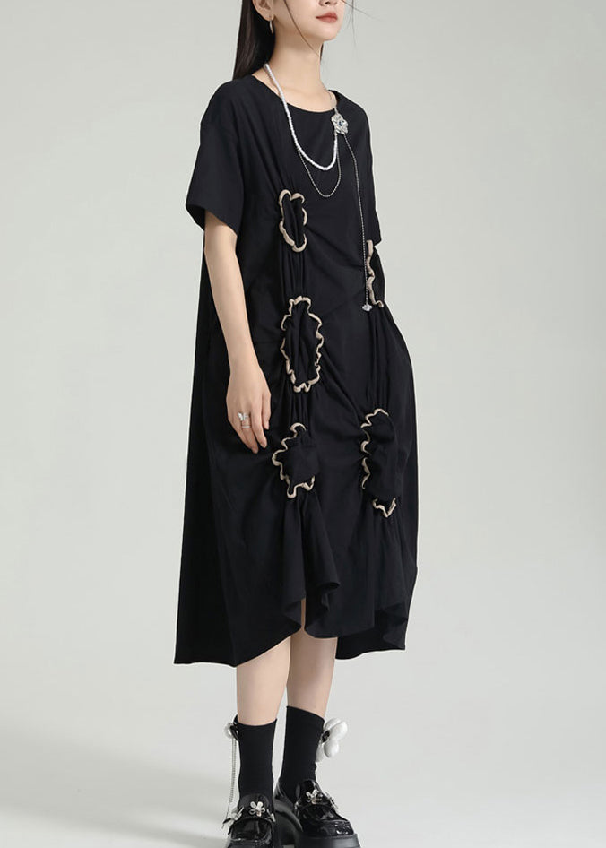 Organic Black Asymmetrical Wrinkled Patchwork Cotton Dress Summer