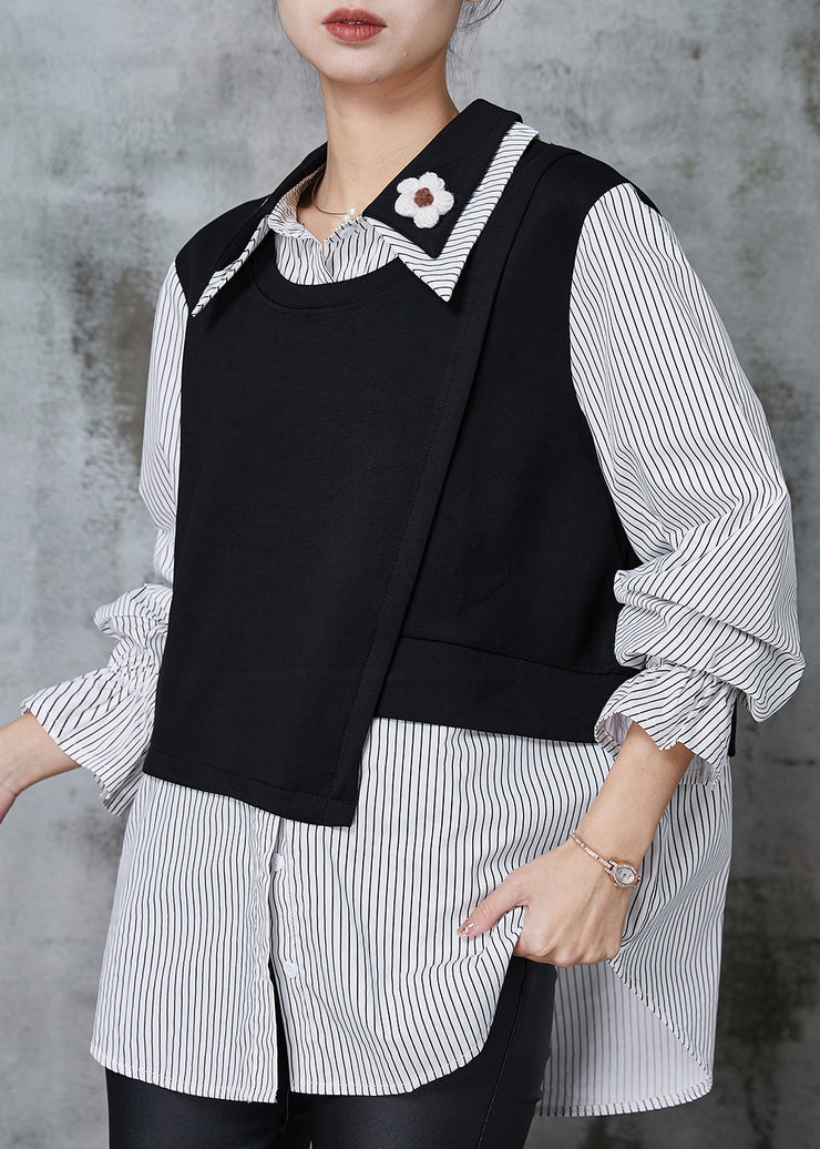 Organic Black Double-layer Patchwork Striped Cotton Top Spring