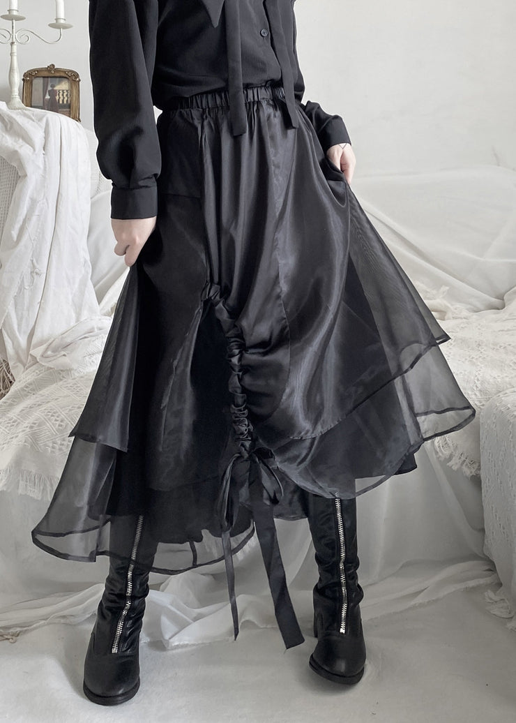 Organic Black Elastic Waist Layered Organza Maxi Skirt