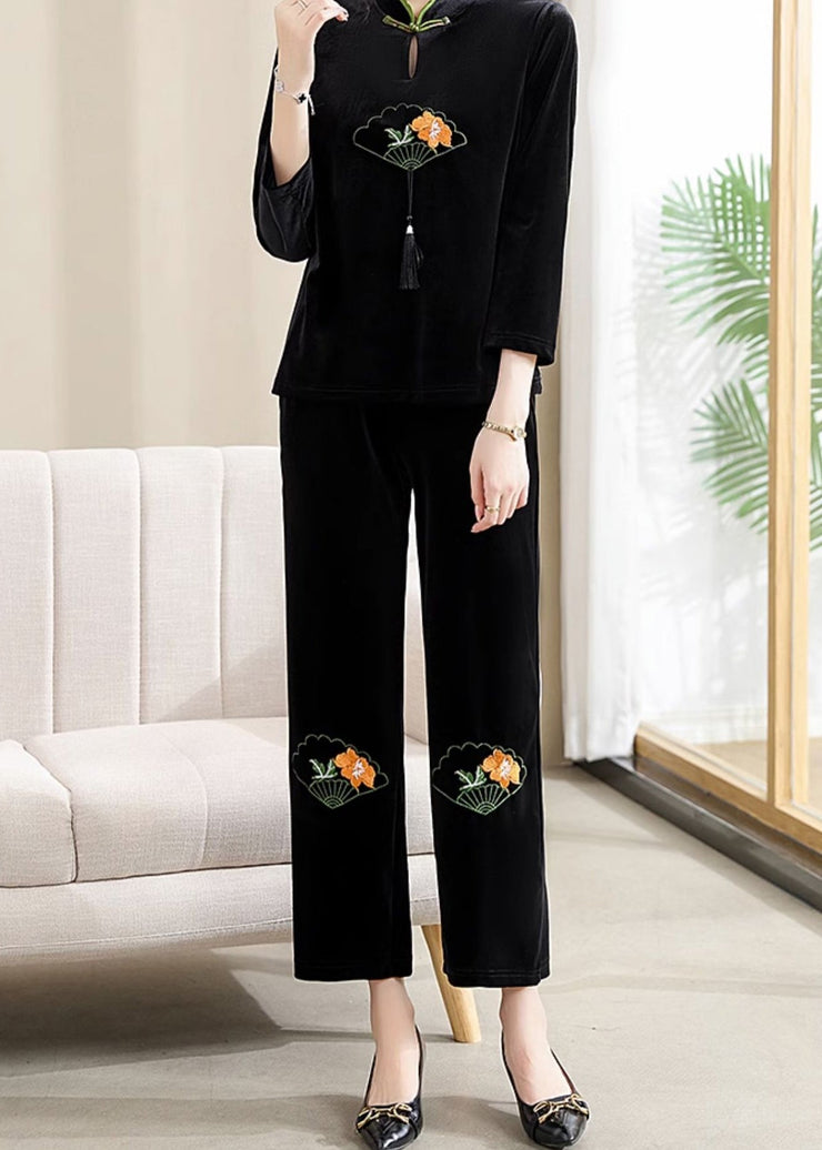 Organic Black Embroideried Button Silk Velour Two Piece Set Fall