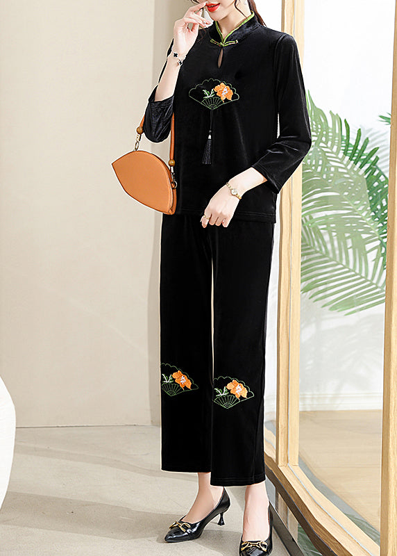 Organic Black Embroidered Button Silk Velour Two Piece Set Fall