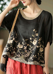 Organic Black Embroideried Low High Design Linen Tanks Short Sleeve