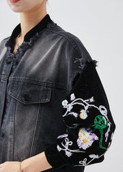 Organic Black Embroideried Patchwork Denim Jackets Spring