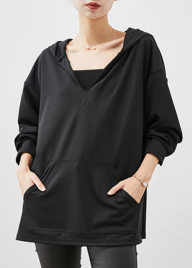 Organic Black Hooded Pockets Cotton Pullover Sweatshirt Spring