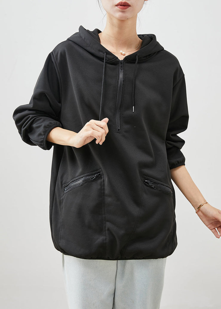 Organic Black Hooded Zippered Cotton Pullover Sweatshirt Spring