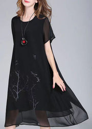 Organic Black O Neck Print Patchwork Chiffon Dresses Summer