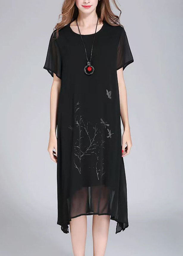 Organic Black O Neck Print Patchwork Chiffon Dresses Summer