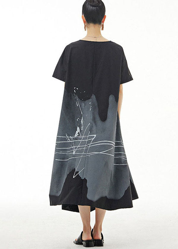 Organic Black O Neck Print Patchwork Cotton Dress Summer