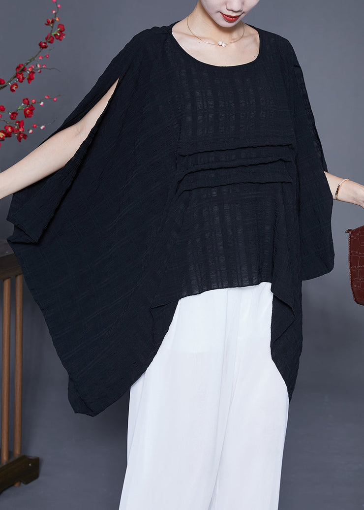 Organic Black Oversized Asymmetrical Design Silk Long Smock Batwing Sleeve