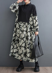 Organic Black Oversized Patchwork Cotton Maxi Dresses Fall