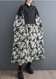 Organic Black Oversized Patchwork Cotton Maxi Dresses Fall