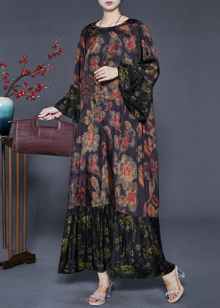 Organic Black Oversized Patchwork Silk Vacation Dresses Fall