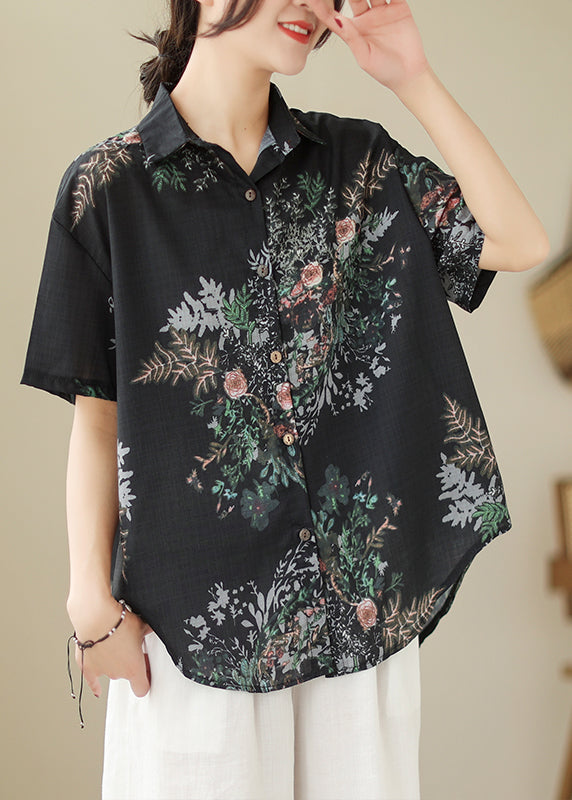 Organic Black Oversized Print Linen Blouses Summer