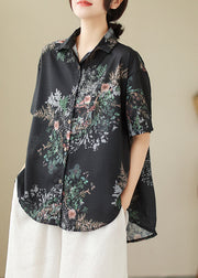 Organic Black Oversized Print Linen Blouses Summer