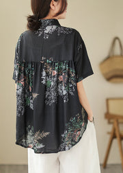 Organic Black Oversized Print Linen Blouses Summer