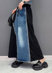 Organic Black Patchwork Blue Elastic Waist Tie Waist Long Skirt Summer