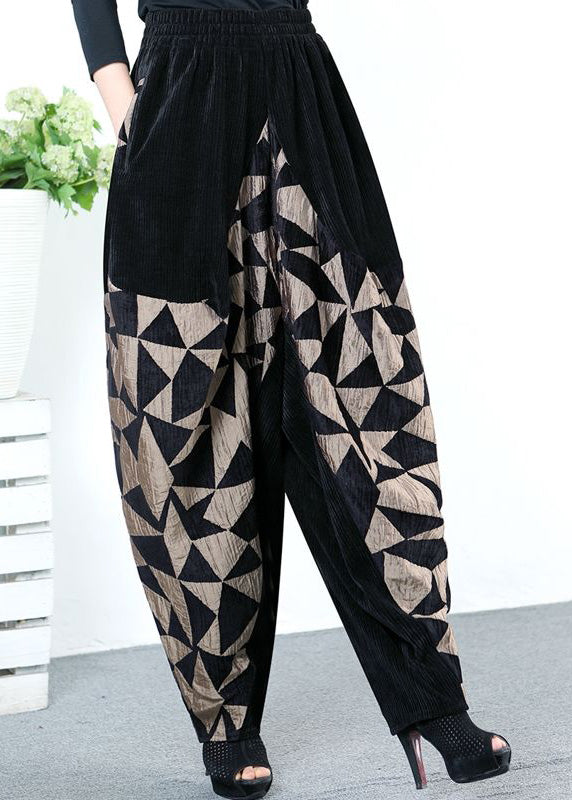 Organic Black Patchwork Gold Elastic Waist Corduroy Lantern Pants Spring