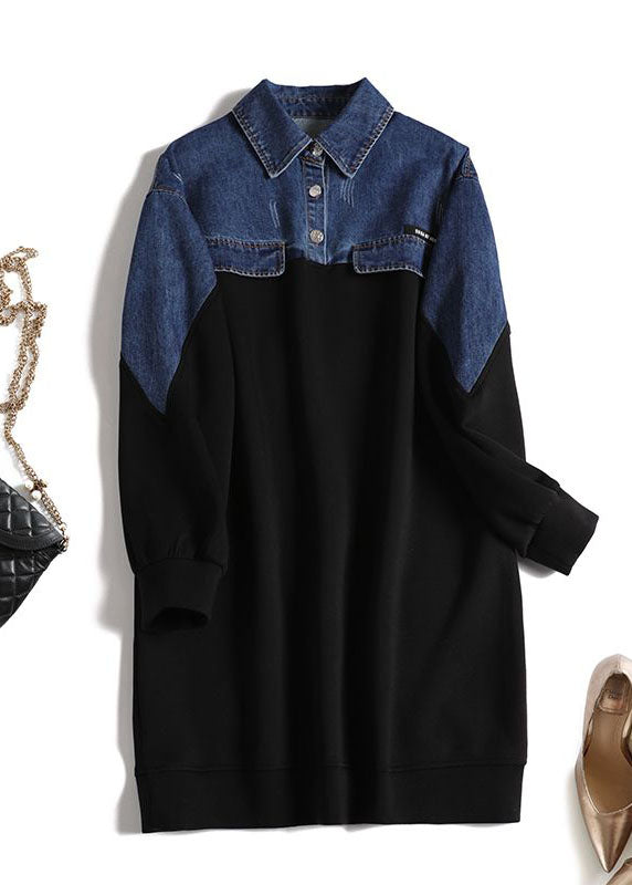 Organic Black Peter Pan Collar Denim Patchwork Button Maxi Dress Long Sleeve