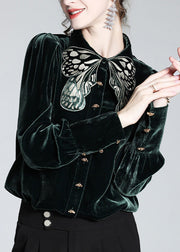 Organic Black Peter Pan Collar Embroideried Butterfly Button Velour Shirts Long Sleeve