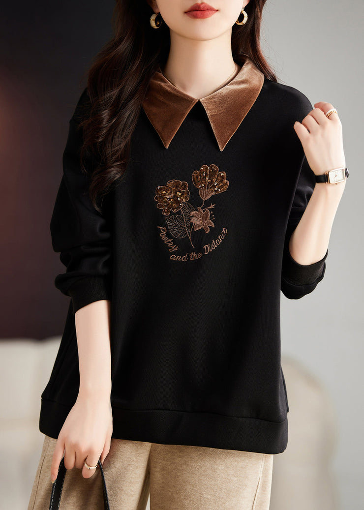 Organic Black Peter Pan Collar Embroidered Warm Fleece Top Fall