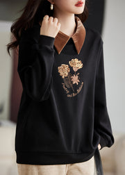 Organic Black Peter Pan Collar Embroidered Warm Fleece Top Fall