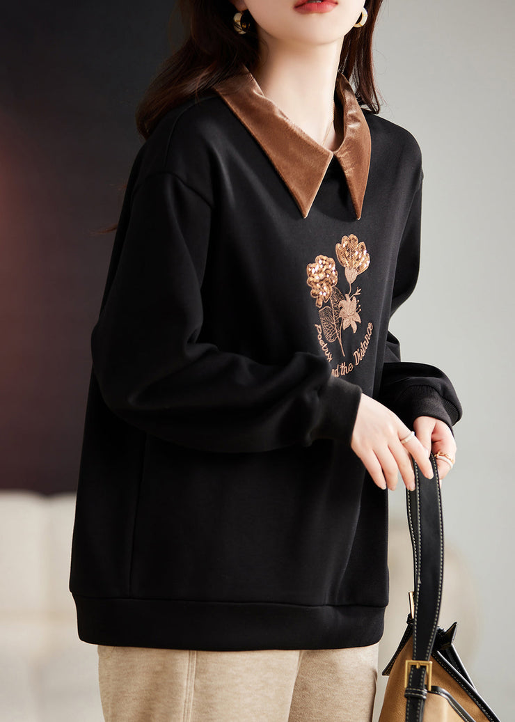 Organic Black Peter Pan Collar Embroidered Warm Fleece Top Fall