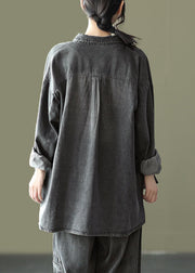 Organic Black Peter Pan Collar Pockets Patchwork Denim Coats Long Sleeve