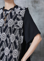 Organic Black Print Patchwork Wrinkled Chiffon Tea Dress Summer