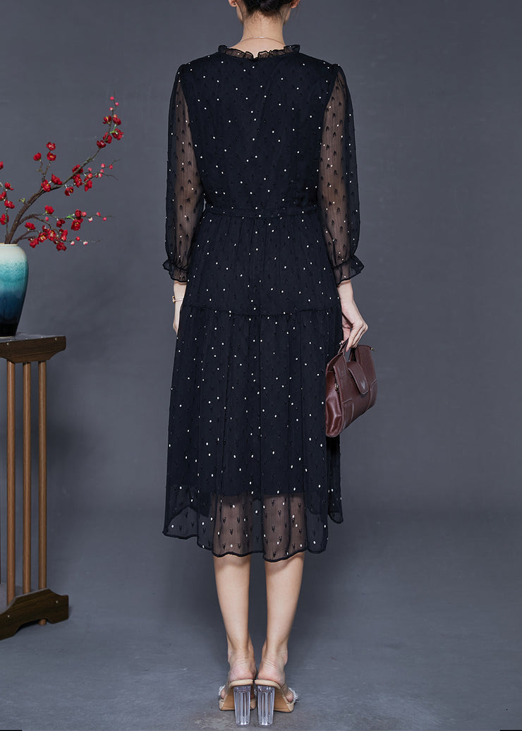 Organic Black Ruffled Embroidered Chiffon Cinched Dress Summer