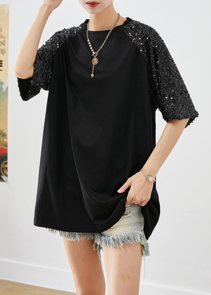 Organic Black Sequins Patchwork Cotton Tanks Tops Summer