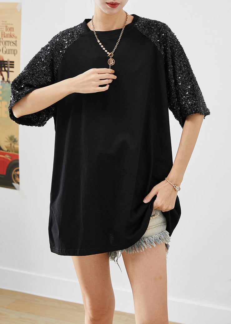 Organic Black Sequins Patchwork Cotton Tanks Tops Summer