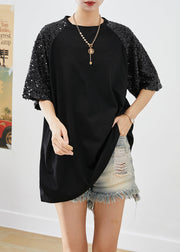 Organic Black Sequins Patchwork Cotton Tanks Tops Summer