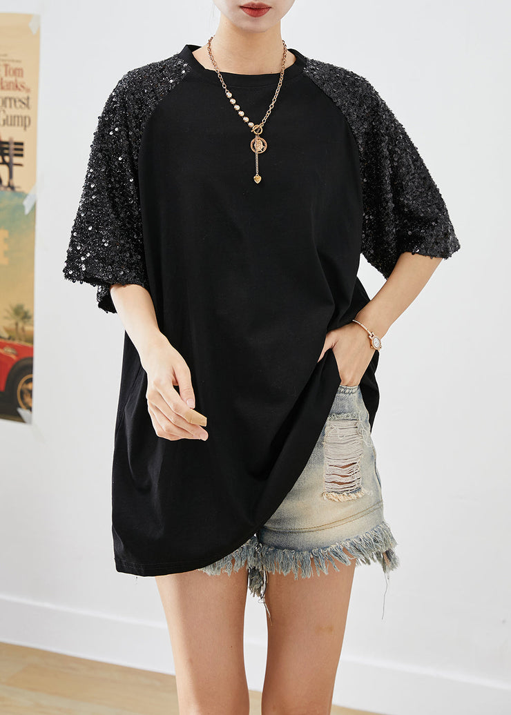 Organic Black Sequins Patchwork Cotton Tanks Tops Summer