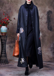 Organic Black Stand Collar Embroideried Floral Button Silk Trench Coats Long Sleeve