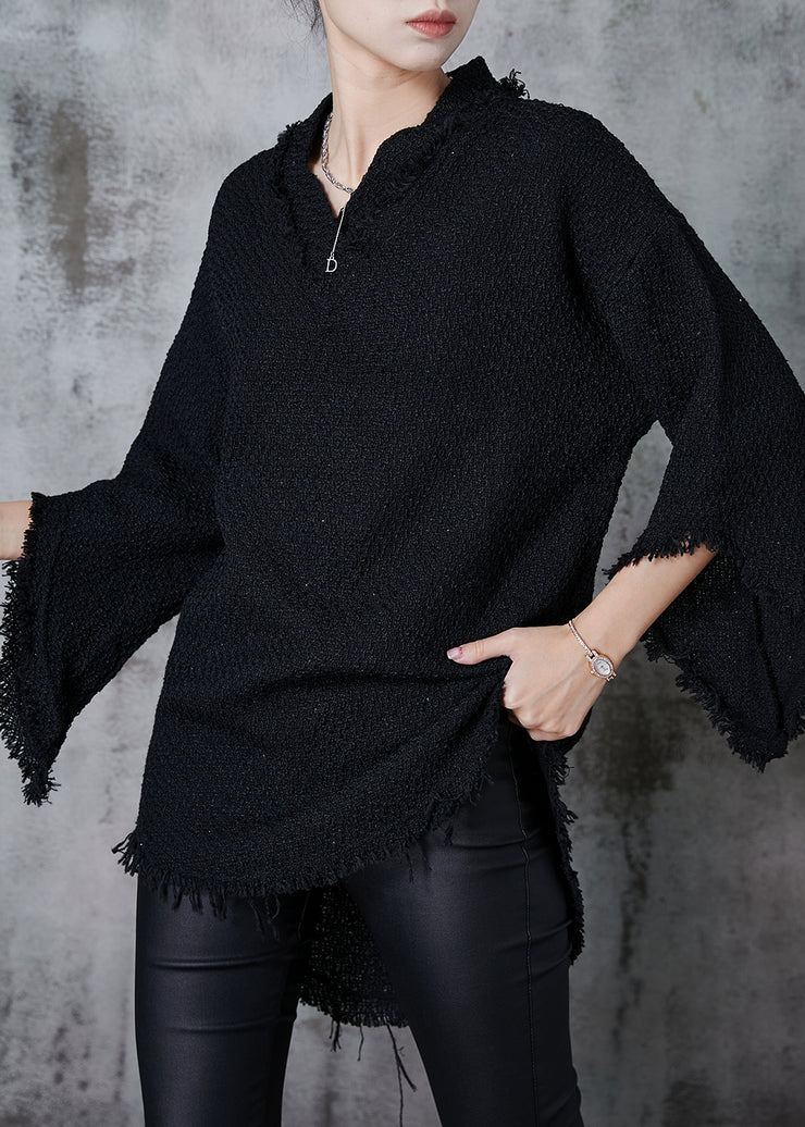 Organic Black Tasseled Cotton Shirt Tops Fall