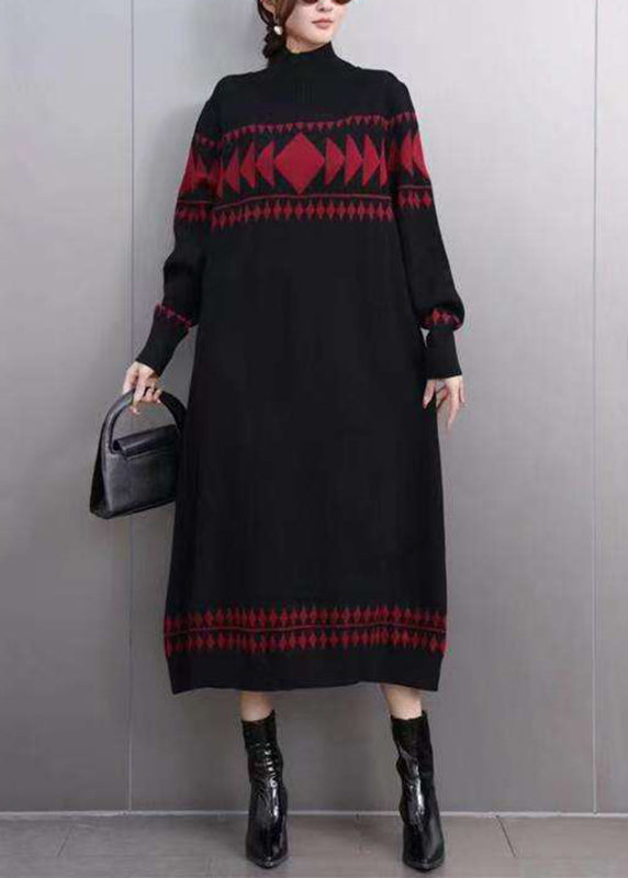 Organic Black Turtleneck Cozy Cotton Knit Long Sweater Dress Winter