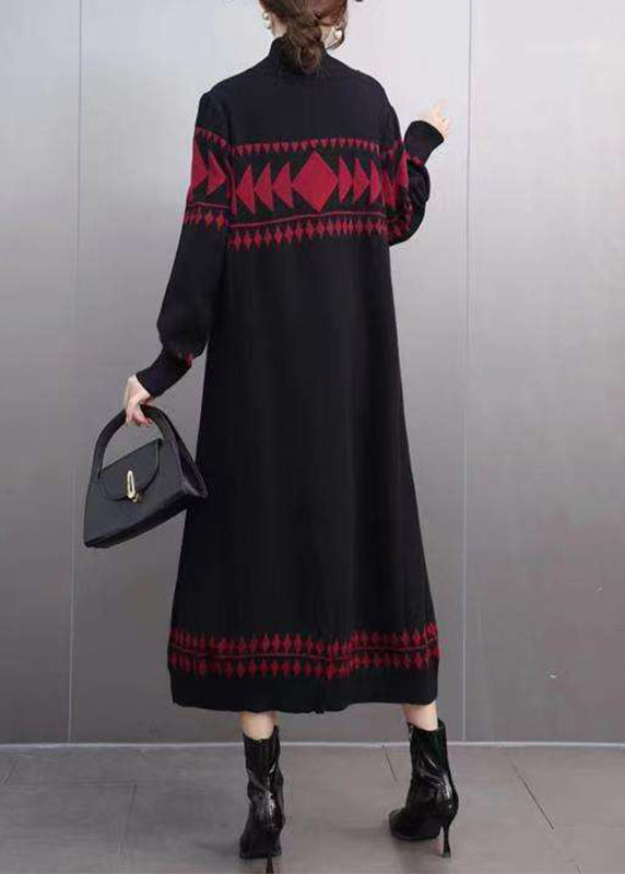 Organic Black Turtleneck Cozy Cotton Knit Long Sweater Dress Winter