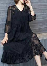 Organic Black V Neck Embroideried Patchwork Tulle Dresses Summer