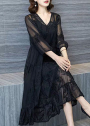 Organic Black V Neck Embroideried Patchwork Tulle Dresses Summer