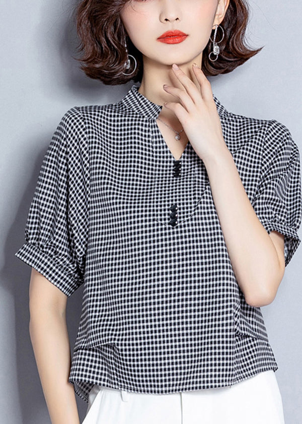 Organic Black V Neck Plaid Chiffon Shirt Lantern Sleeve