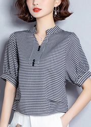 Organic Black V Neck Plaid Chiffon Shirt Lantern Sleeve